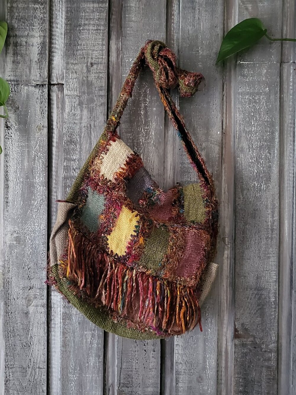Vintage Boho Woven Patchwork Fringe Crossbody Bag Multicolor Earthy